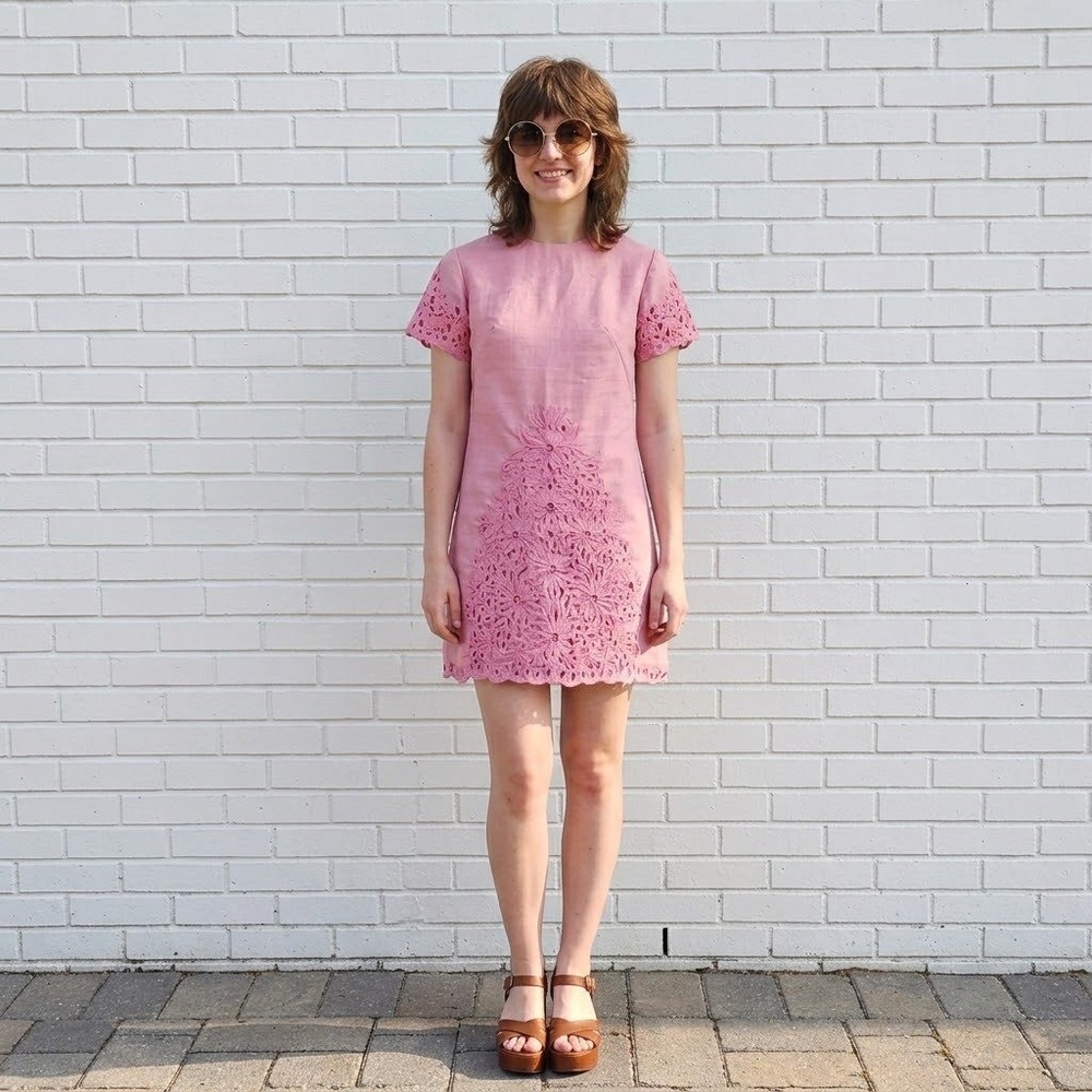 Vintage 60s Pink Embroidered Mini Dress S Floral Mod MCM Eyelet Feminine Retro